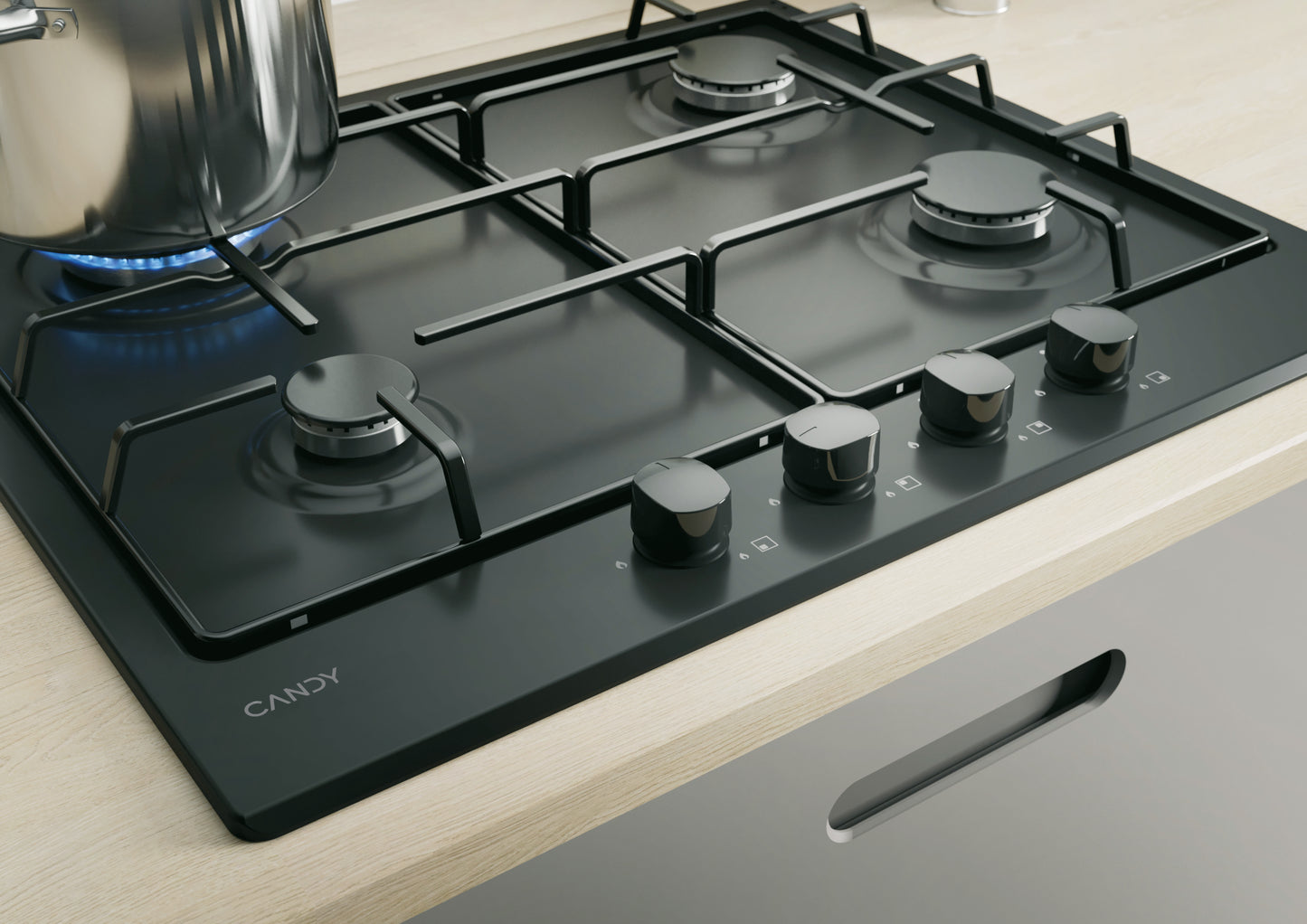 CANDY BI CHW6BRBB|33801972|Piano Gas da 60 cm nero; Griglie in piattina; 4 fuochi con Bruciatore Ra