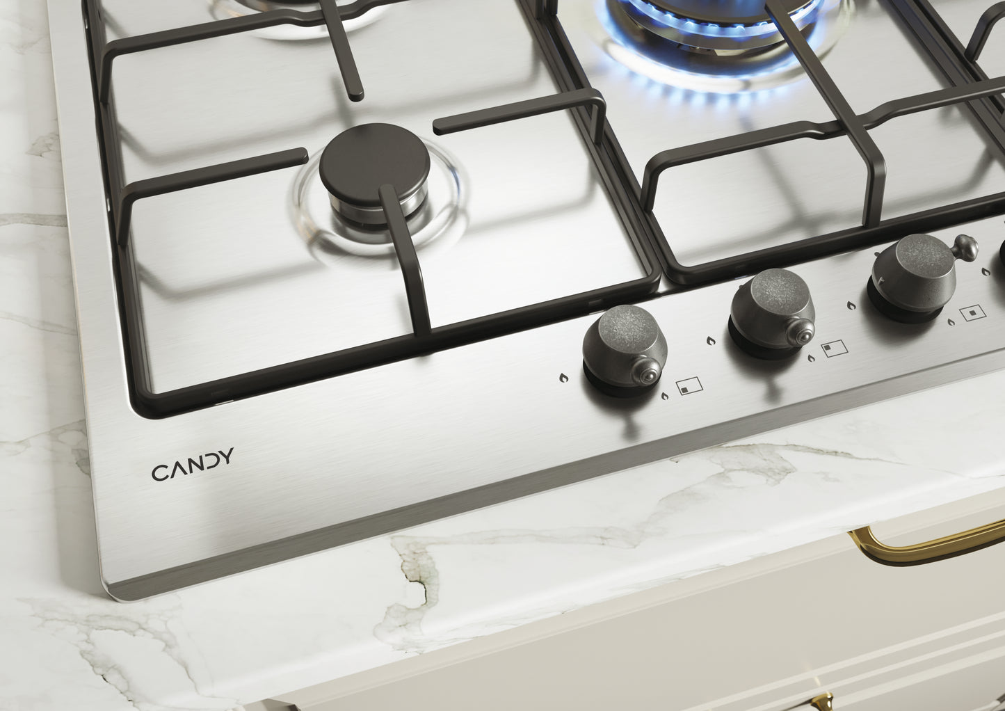 CANDY BI CHW74WTX|33801980|Piano Gas da 75cm ghisa; Griglie in piattina; 5 fuochi DC 4Kw; manopola