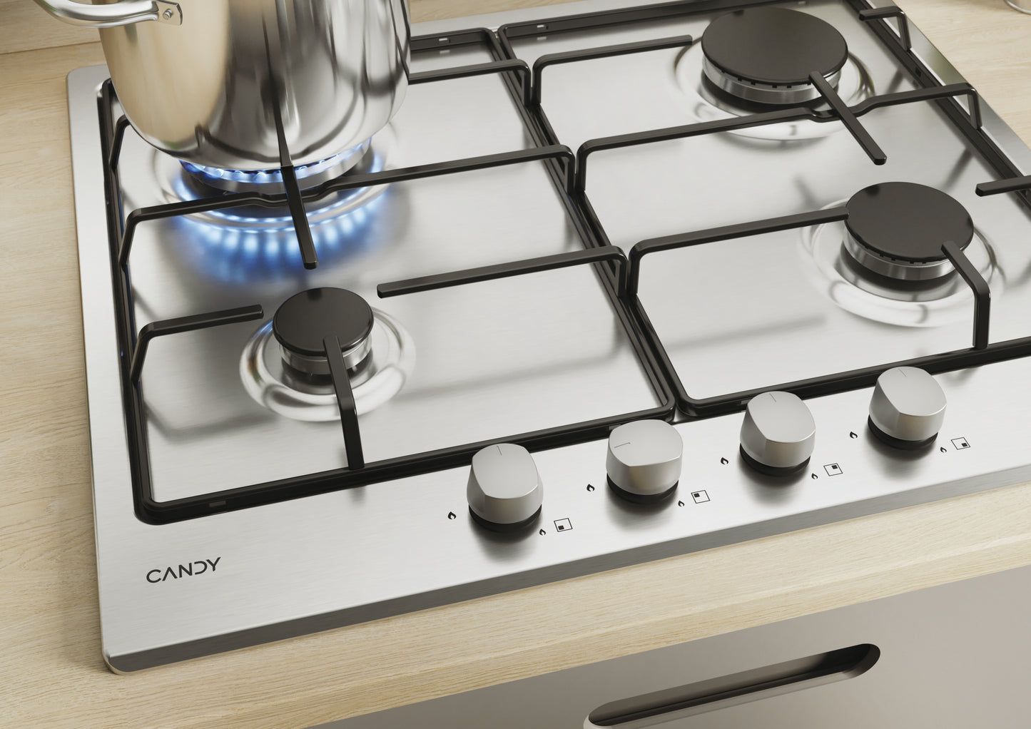 CANDY BI CHW6BR4WX|33801975|Piano Gas da 60 cm inox ; Griglie in piattina; 4 fuochi; Bruciatore spe