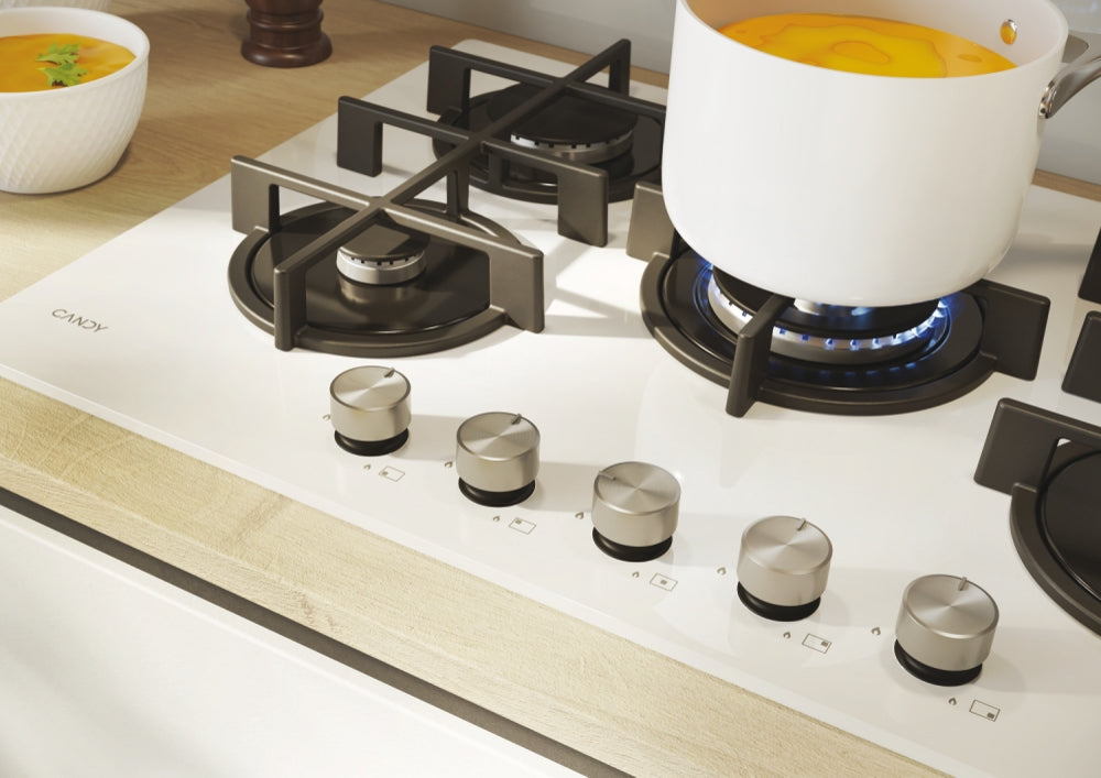 CANDY BI CVG74WTW|33803480|Piano Gas Vetro Bianco; da 75 cm; 5 Fuochi; Bruciatore speciale al cent