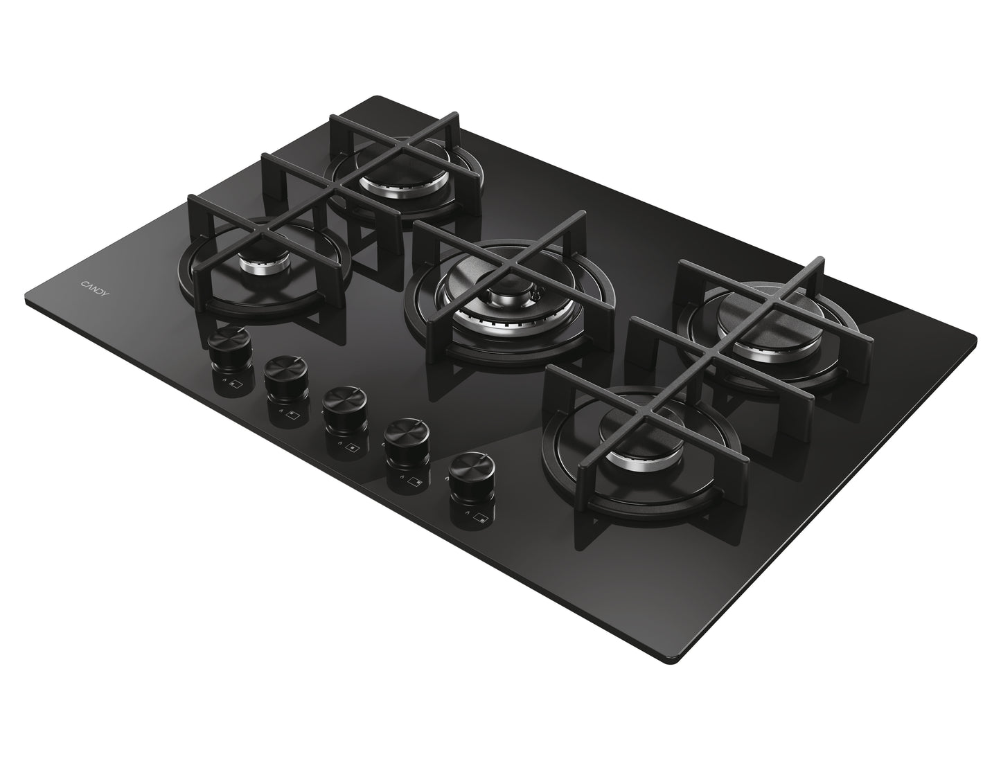 CANDY BI CVG74WTB|33803484|Piano Gas  Vetro Nero; da 75 cm; 5 Fuochi;  Bruciatore speciale al centro
