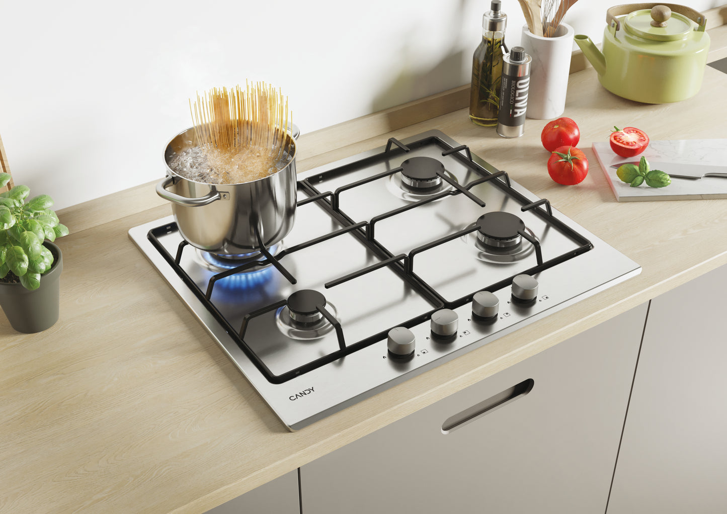 CANDY BI CHW6BRX|33801973|Piano Gas da 60 cm inox;  Griglie in piattina; 4 fuochi con Bruciatore Rap