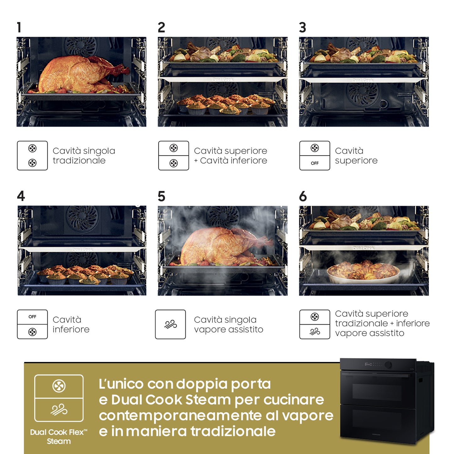 SAMSUNG SELECTION NV7B5760WBK/U5 | Forno a Vapore Samsung Dual Cook Flex_ Steam Serie 5 76L, Dual Co
