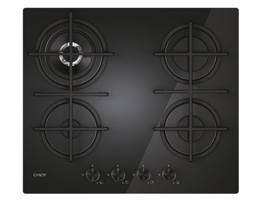 CANDY BI CVG6BR4WTB|33803483|Piano Gas da 60 cm; 4 fuochi; Vetro Nero; Bruciatore speciale posterior