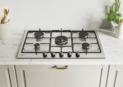 CANDY BI CHW74WTX|33801980|Piano Gas da 75cm ghisa;  Griglie in piattina; 5 fuochi DC 4Kw; manopola