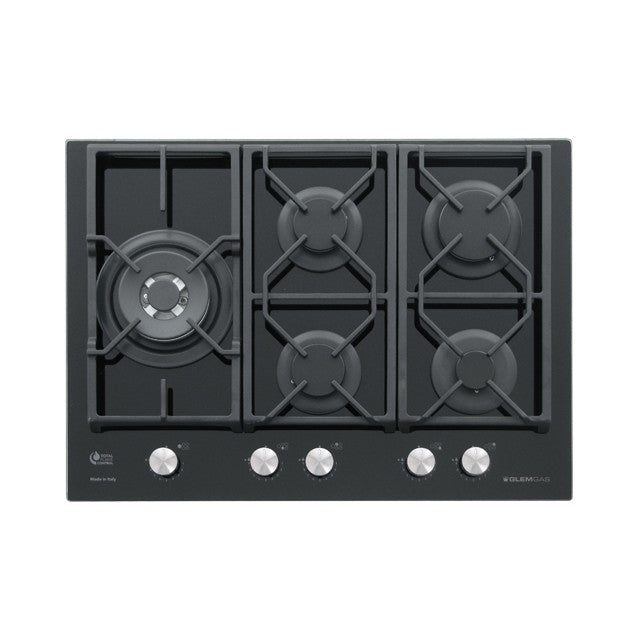 GLEM GAS GV75TXBK | PIANI COTTURA IN CRISTALLO TEMPERATO A GAS | 70 | NERO | 70x50 cm - 5 fuochi gas