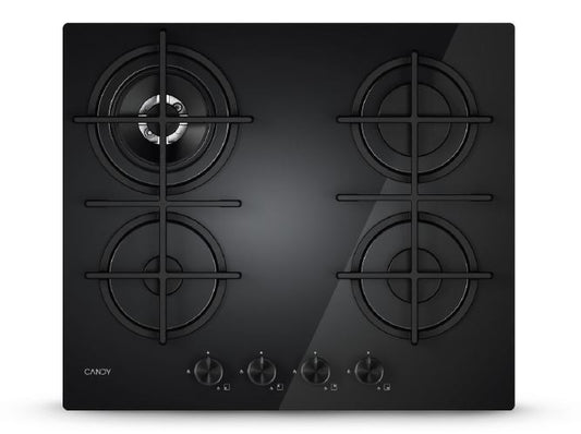 CANDY BI CVG6BR4WTB|33803483|Piano Gas da 60 cm; 4 fuochi; Vetro Nero; Bruciatore speciale posterior