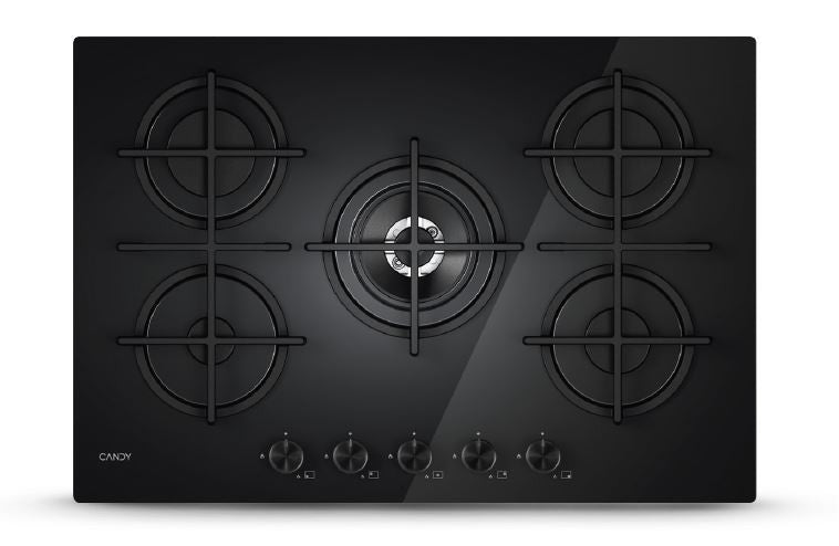 CANDY BI CVG74WTB|33803484|Piano Gas  Vetro Nero; da 75 cm; 5 Fuochi;  Bruciatore speciale al centro