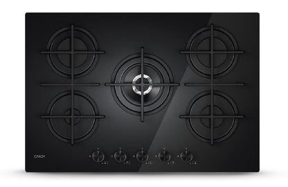 CANDY BI CVG74WTB|33803484|Piano Gas  Vetro Nero; da 75 cm; 5 Fuochi;  Bruciatore speciale al centro