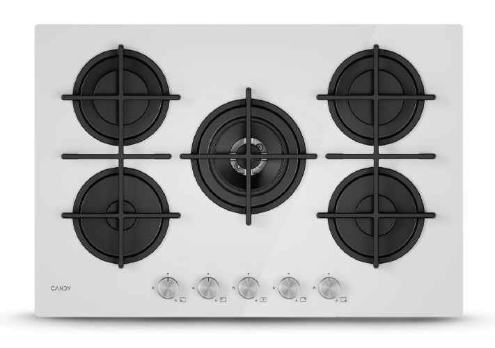 CANDY BI CVG74WTW|33803480|Piano Gas Vetro Bianco; da 75 cm; 5 Fuochi;   Bruciatore speciale al cent