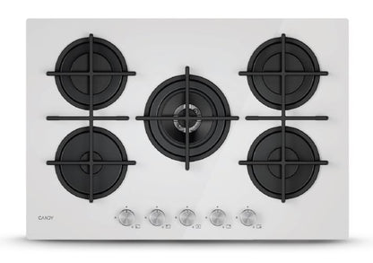 CANDY BI CVG74WTW|33803480|Piano Gas Vetro Bianco; da 75 cm; 5 Fuochi;   Bruciatore speciale al cent