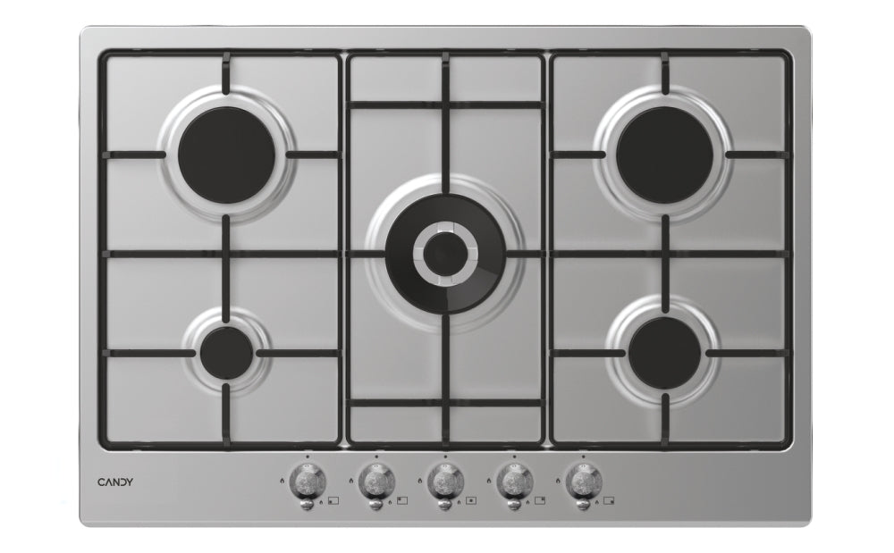 CANDY BI CHW74WTX|33801980|Piano Gas da 75cm ghisa;  Griglie in piattina; 5 fuochi DC 4Kw; manopola