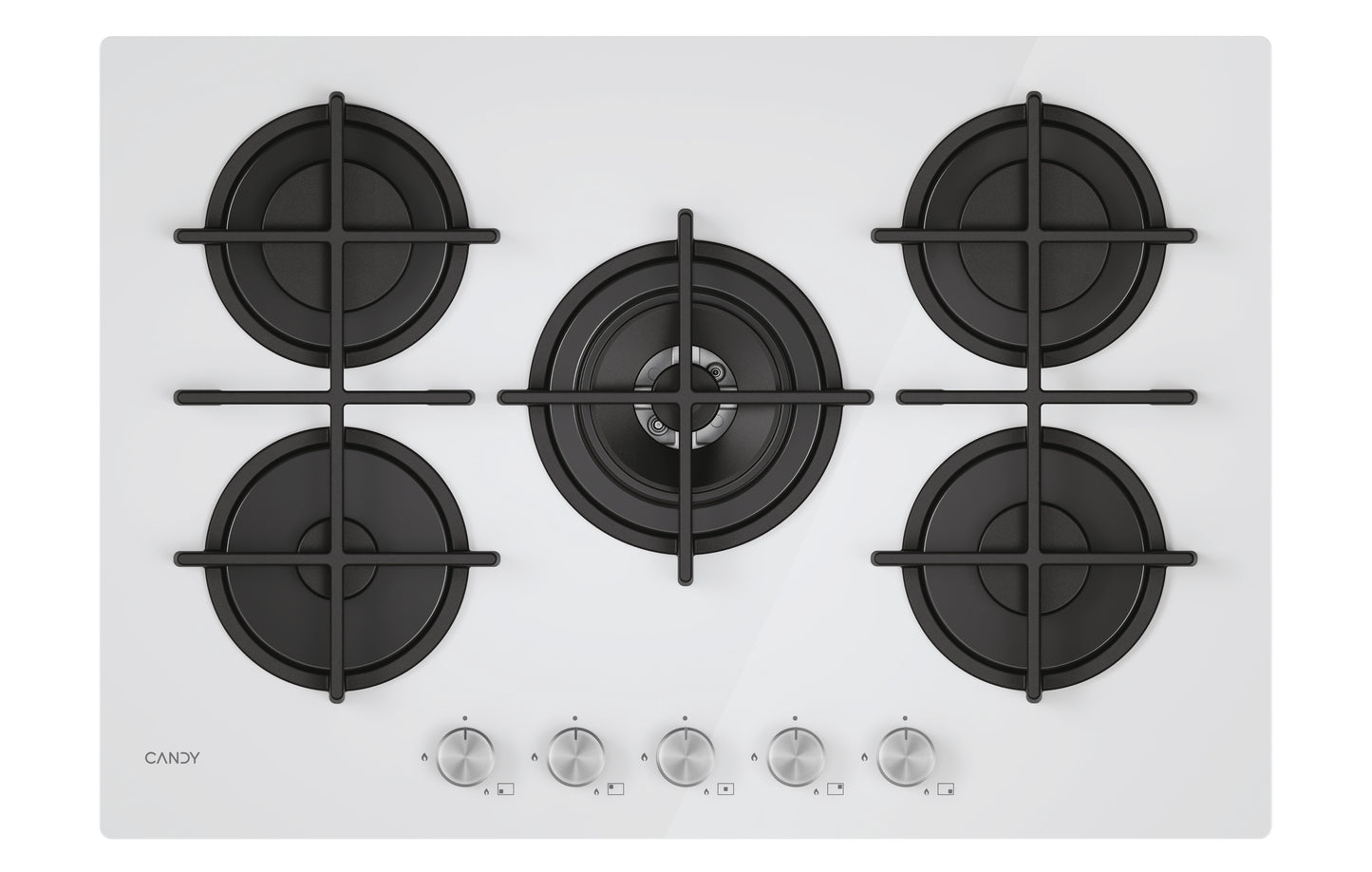 CANDY BI CVG74WTW|33803480|Piano Gas Vetro Bianco; da 75 cm; 5 Fuochi;   Bruciatore speciale al cent