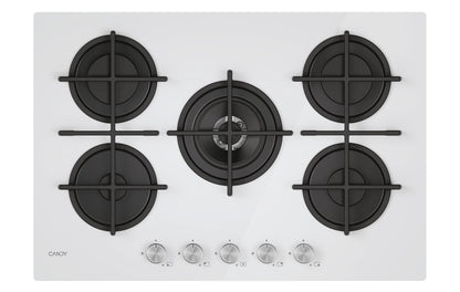 CANDY BI CVG74WTW|33803480|Piano Gas Vetro Bianco; da 75 cm; 5 Fuochi;   Bruciatore speciale al cent