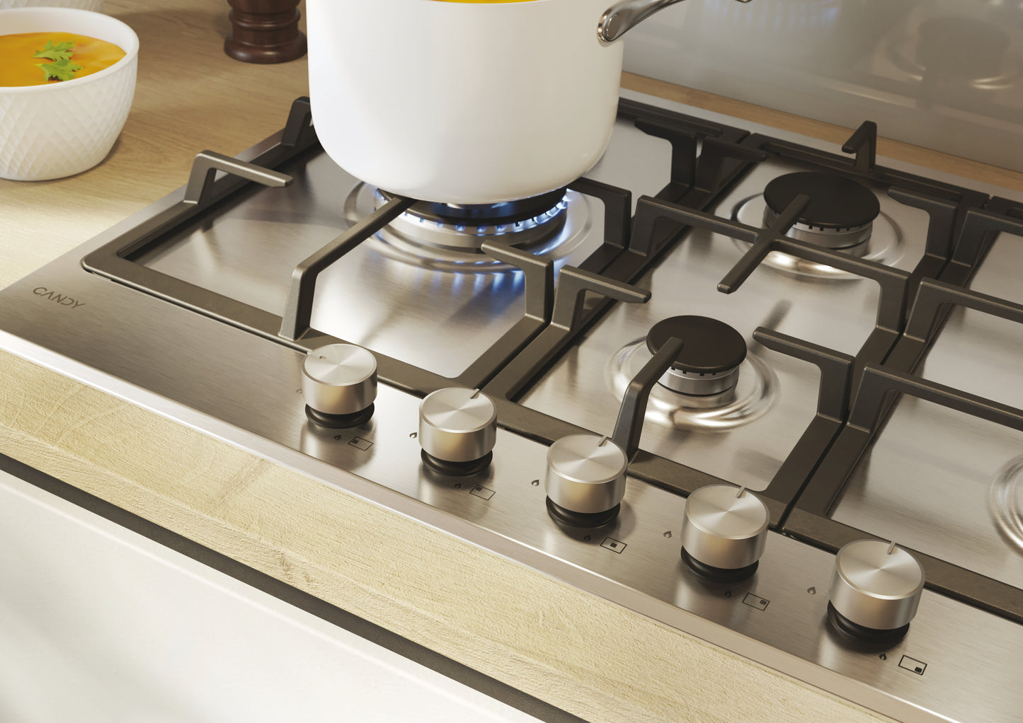CANDY BI CHG7WL4WTX|33803489|Piano Gas da 75cm inox;  Griglie in ghisa; 5 fuochi ; bruciatore specia