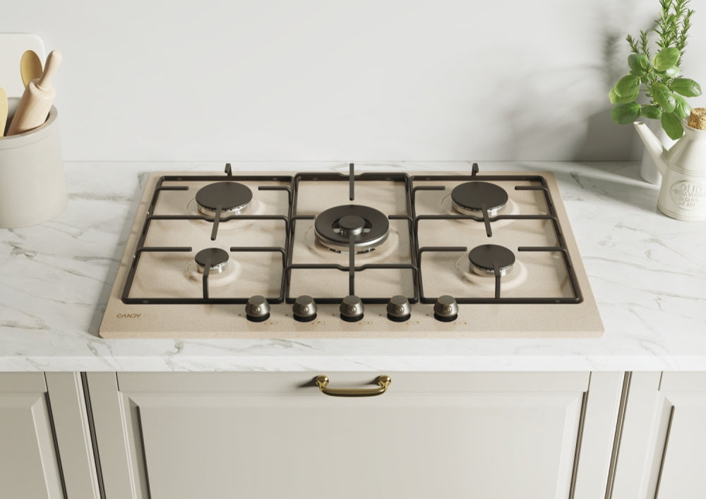 CANDY BI CHW7AV4WGT|33802733|Piano Gas da 75cm avena;  Griglie smaltate; 5 fuochi - Bruciatore Centr