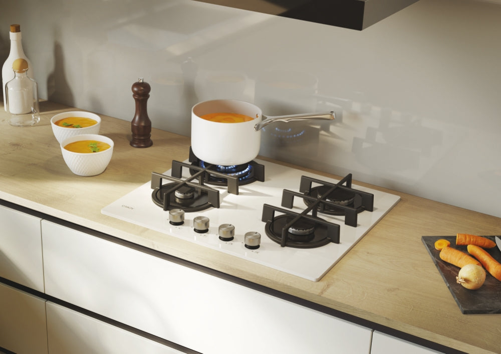 CANDY BI CVG6BR4WTW|33803481|Piano Gas Vetro Bianco ; da 60 cm; 4 fuochi; Big Rear DC 4 Bruciatore s