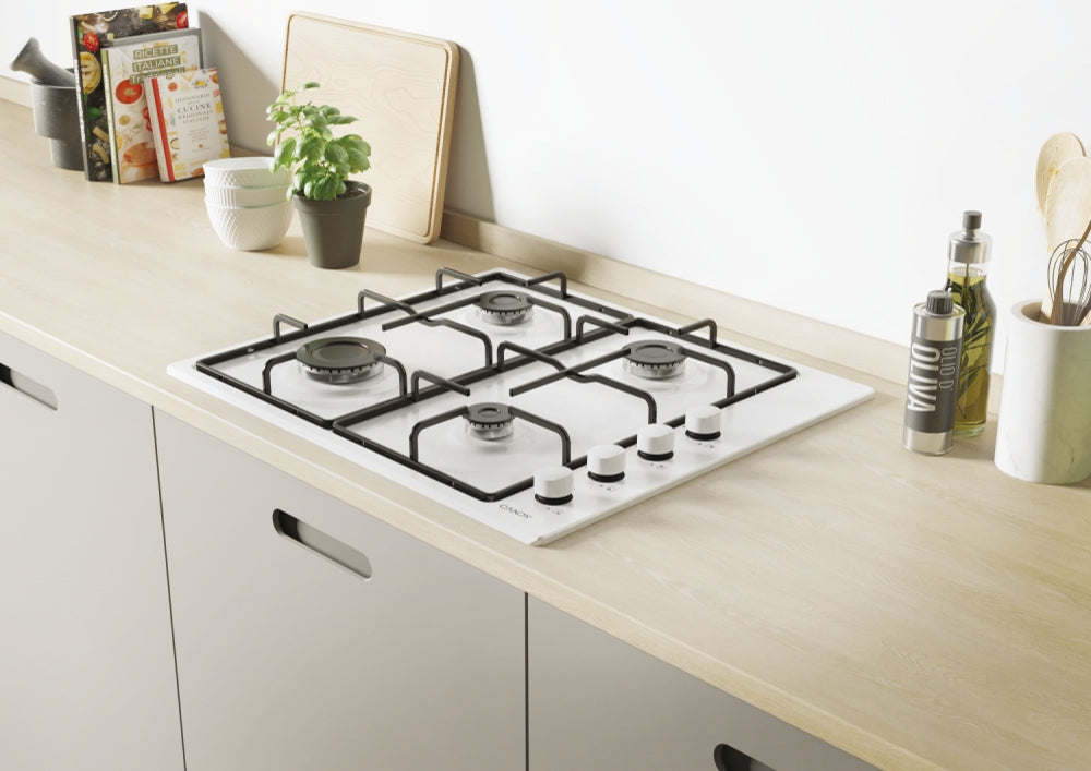 CANDY BI CHW6LWW|33801978|Piano Gas da 60cm lateral bianco;  Griglie in piattina; 4 fuochi; manopola