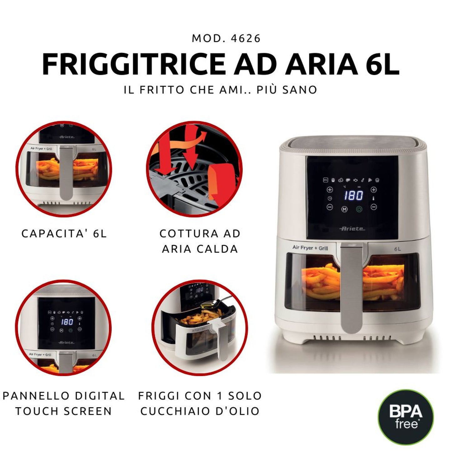 ARIETE PED 4626BIANCO | CUCINA | COTTURA CIBI | FRIGGITRICI | FRIGGITRICE AD ARIA 1300W 6LT BIANCO