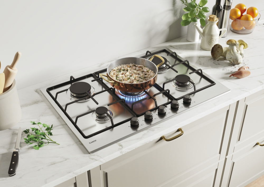 CANDY BI CHW74WTX|33801980|Piano Gas da 75cm ghisa;  Griglie in piattina; 5 fuochi DC 4Kw; manopola