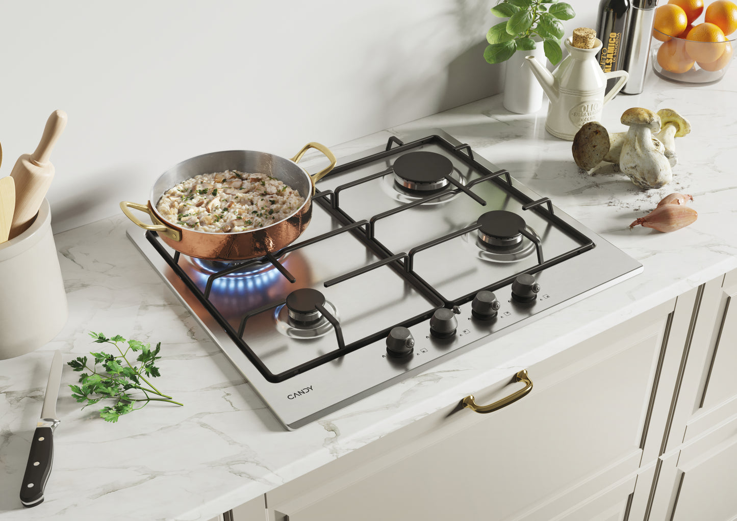 CANDY BI CHW6BR4WTX|33801984|Piano a Gas da 60 cm inox ;  Griglie in ghisa; 4 fuochi con DC 4Kw; man