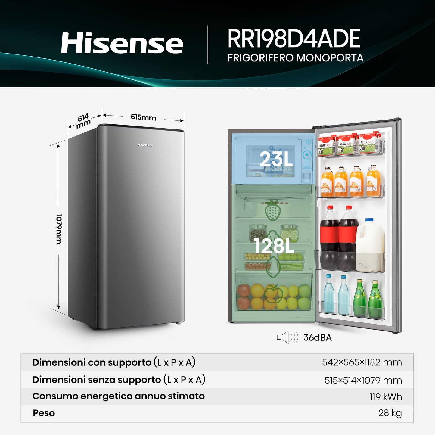 HISENSE BIANCO RR198D4ADE | FRIGORIFERI | FRIGORIFERI A 1PORTA | FRIGO 1P STATICO | FRIGO 1P.151LT C