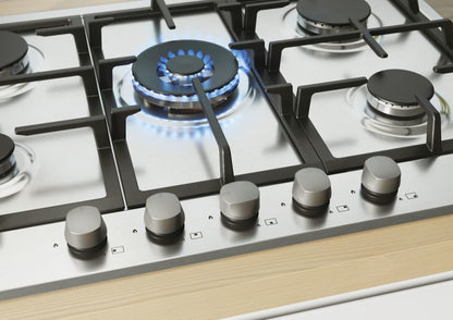 CANDY BI CHG74WX|33801986|Piano Gas da 75cm inox;  Griglie in ghisa; 5 fuochi; doppia corona 4kw