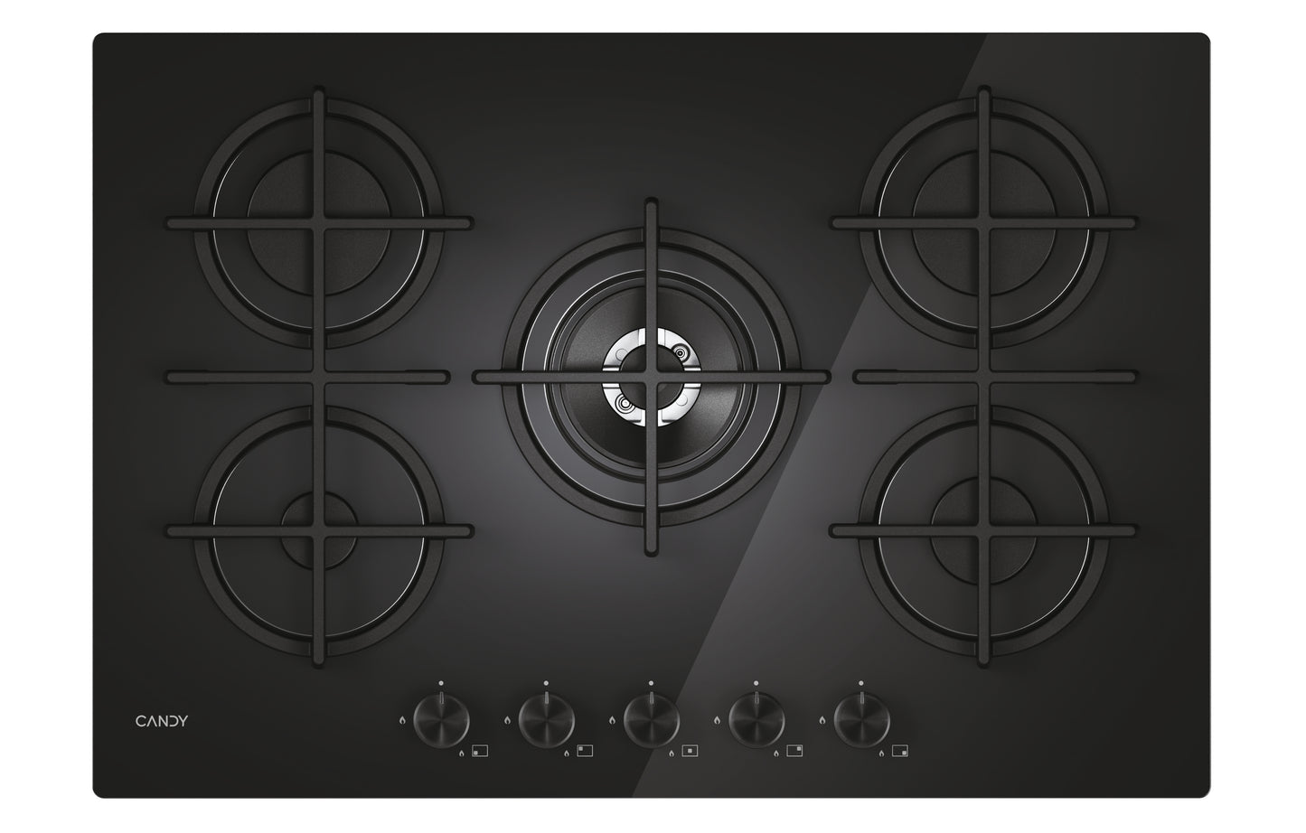 CANDY BI CVG74WTB|33803484|Piano Gas  Vetro Nero; da 75 cm; 5 Fuochi;  Bruciatore speciale al centro
