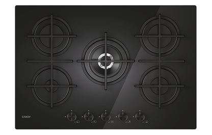 CANDY BI CVG74WTB|33803484|Piano Gas  Vetro Nero; da 75 cm; 5 Fuochi;  Bruciatore speciale al centro