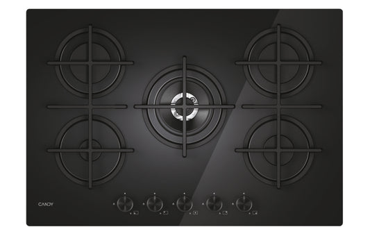 CANDY BI CVG74WTB|33803484|Piano Gas  Vetro Nero; da 75 cm; 5 Fuochi;  Bruciatore speciale al centro