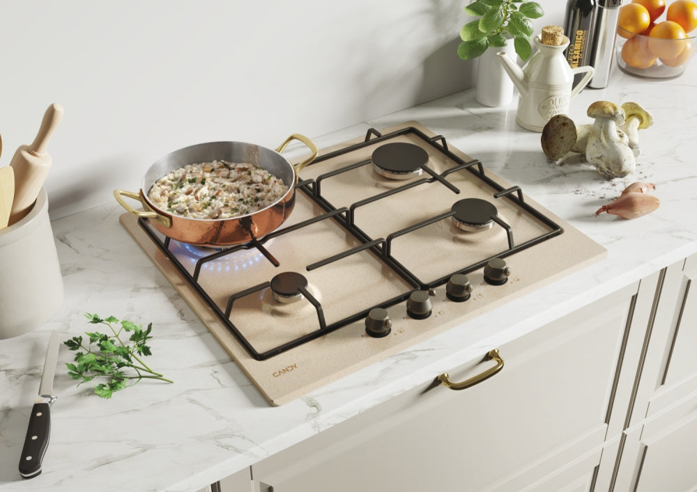 CANDY BI CHW6BRAV4WGT|33802729|Piano Gas da 60cm avena;  Griglie in piattina; 4 fuochi DC 4Kw; manop