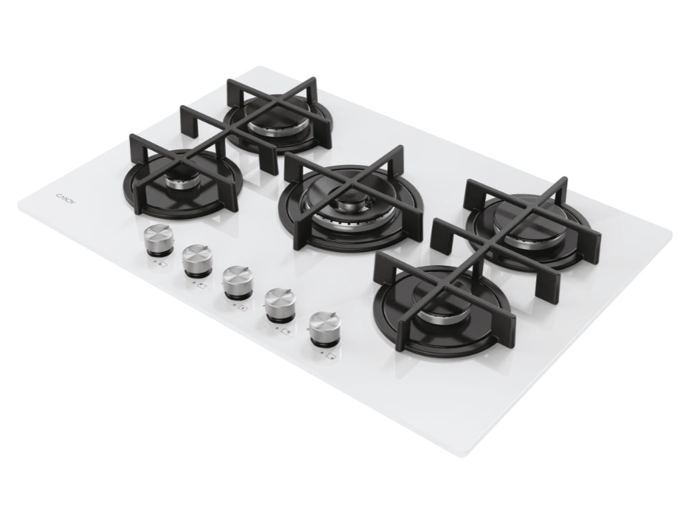 CANDY BI CVG74WTW|33803480|Piano Gas Vetro Bianco; da 75 cm; 5 Fuochi;   Bruciatore speciale al cent