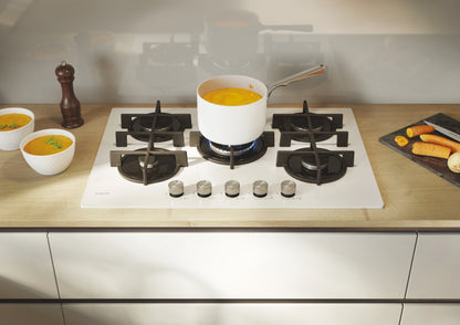 CANDY BI CVG74WTW|33803480|Piano Gas Vetro Bianco; da 75 cm; 5 Fuochi;   Bruciatore speciale al cent