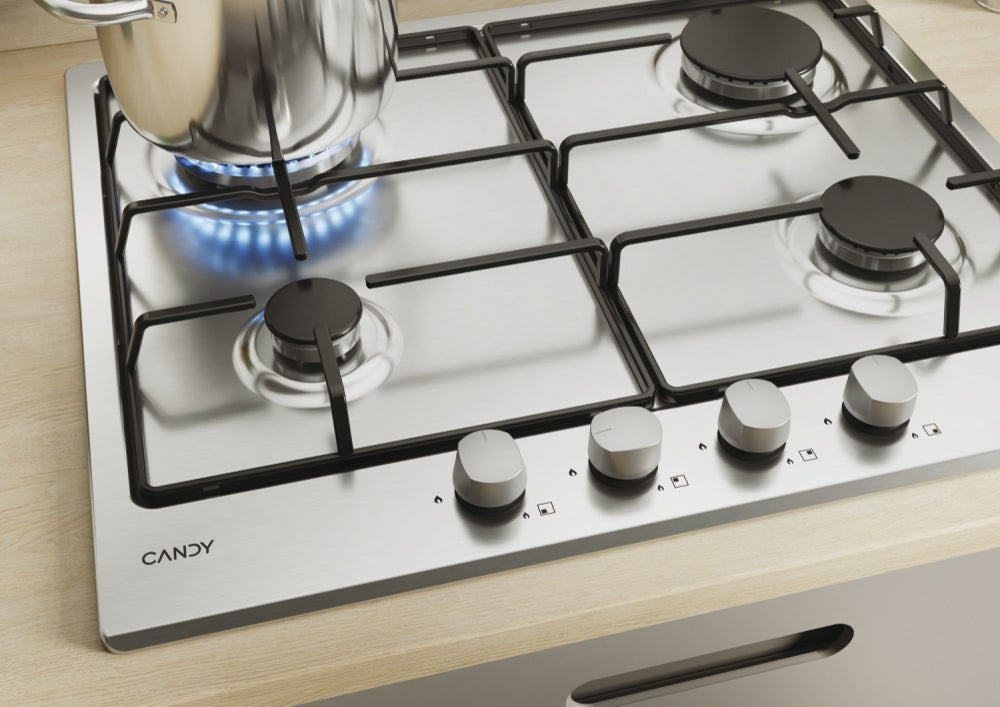 CANDY BI CHW6BR4WX|33801975|Piano Gas da 60 cm inox ;  Griglie in piattina; 4 fuochi; Bruciatore spe