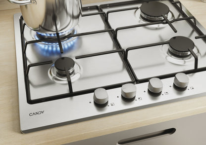 CANDY BI CHW6BR4WX|33801975|Piano Gas da 60 cm inox ;  Griglie in piattina; 4 fuochi; Bruciatore spe