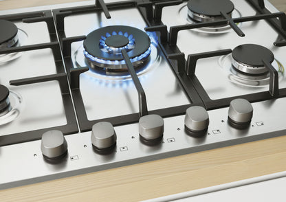 CANDY BI CHG74WX|33801986|Piano Gas da 75cm inox;  Griglie in ghisa; 5 fuochi; doppia corona 4kw