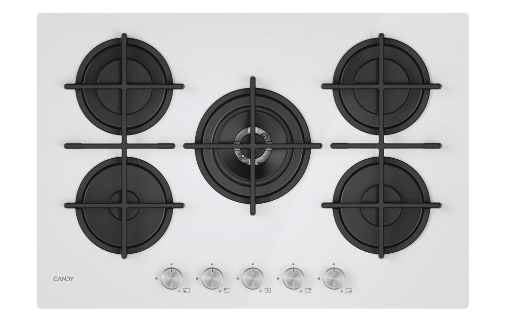 CANDY BI CVG74WTW|33803480|Piano Gas Vetro Bianco; da 75 cm; 5 Fuochi;   Bruciatore speciale al cent