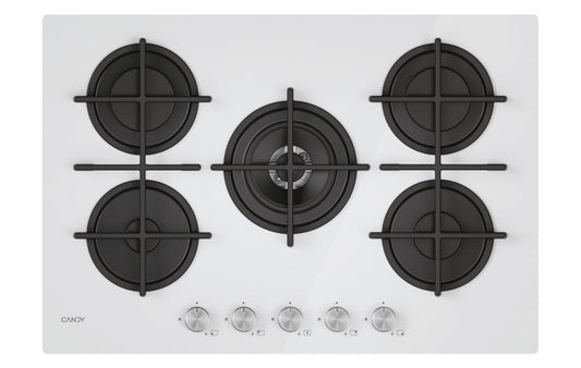 CANDY BI CVG74WTW|33803480|Piano Gas Vetro Bianco; da 75 cm; 5 Fuochi;   Bruciatore speciale al cent