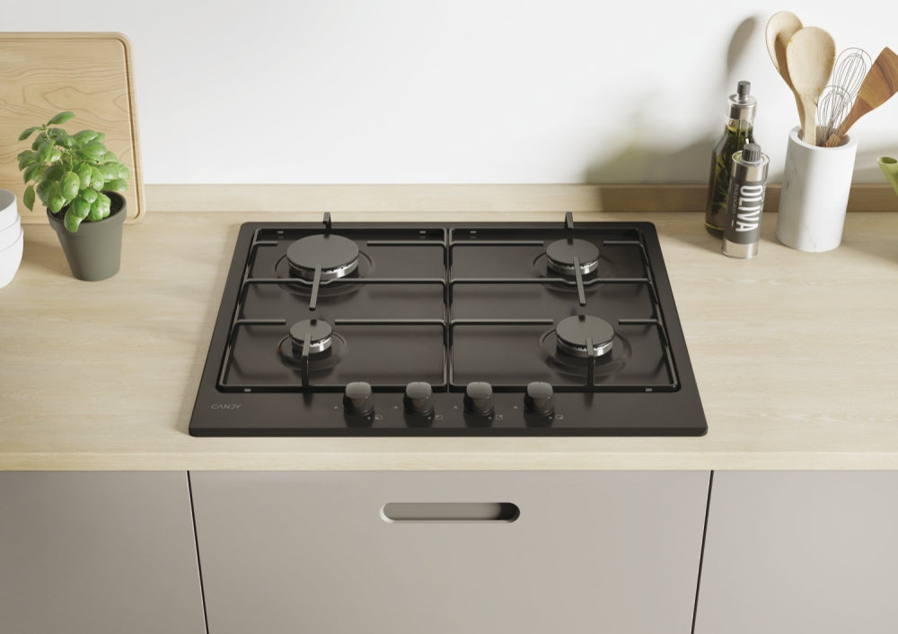 CANDY BI CHW6BRBB|33801972|Piano Gas da 60 cm nero;  Griglie in piattina; 4 fuochi con Bruciatore Ra