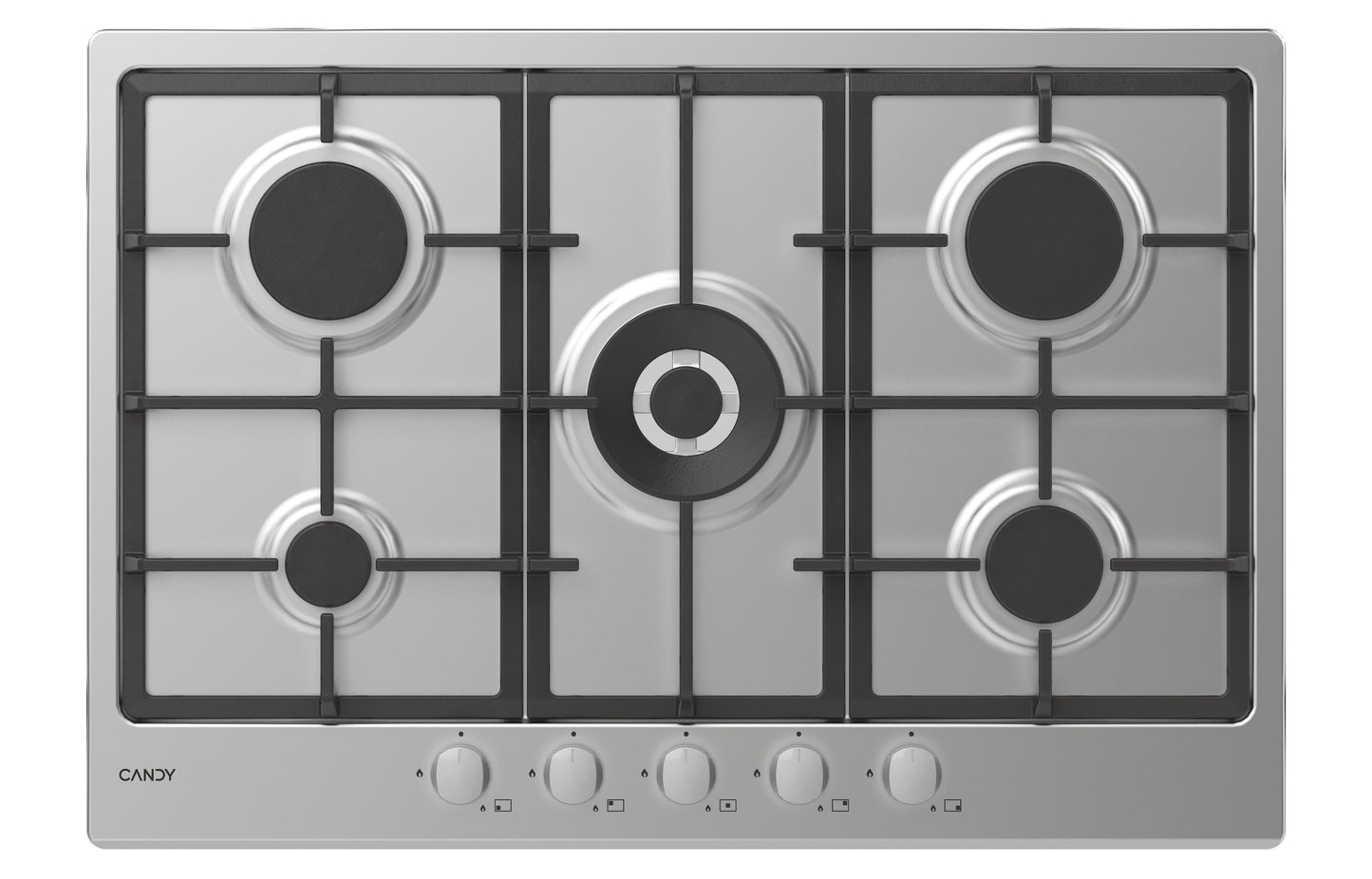 CANDY BI CHG74WX|33801986|Piano Gas da 75cm inox;  Griglie in ghisa; 5 fuochi; doppia corona 4kw