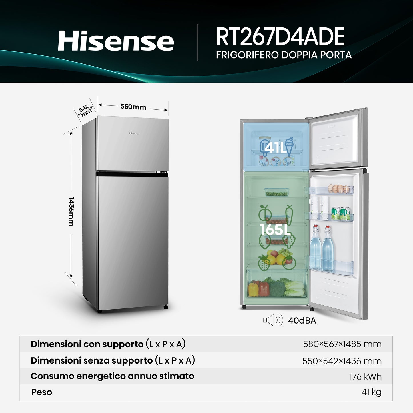 HISENSE BIANCO RT267D4ADE | FRIGORIFERI | FRIGORIFERI A 2PORTE | FRIGO 2P STATICO | FRIGO 2P. 206LT