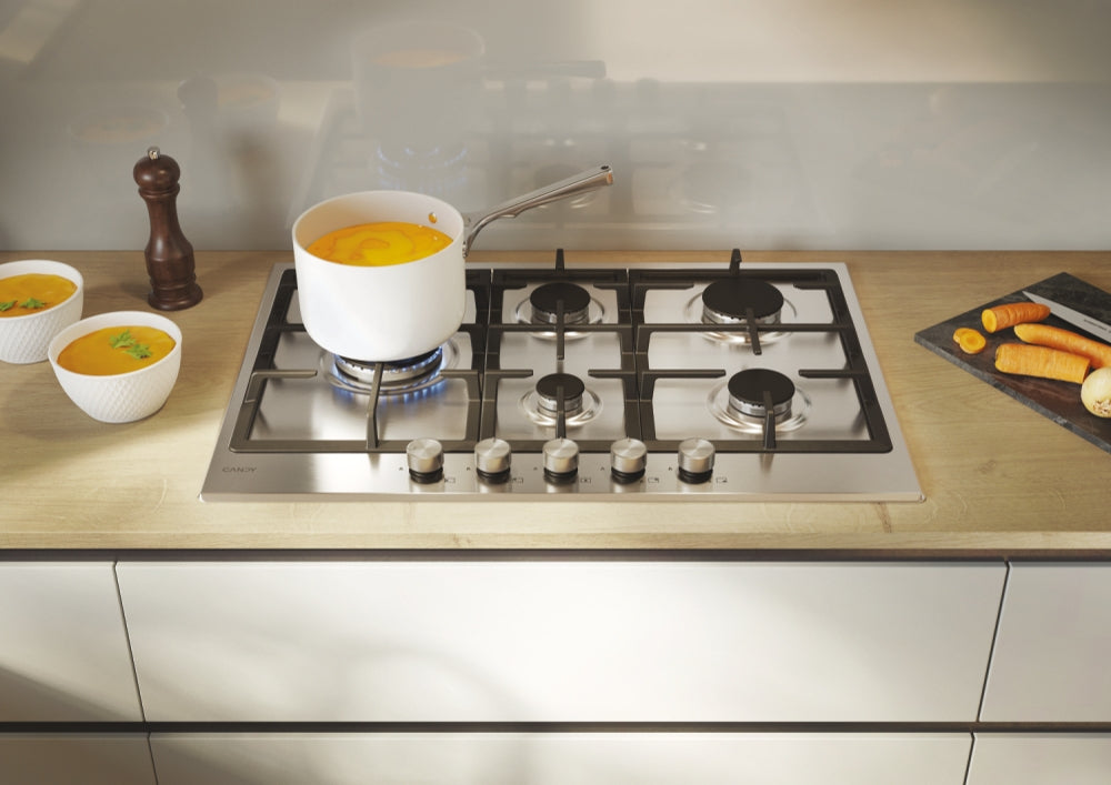 CANDY BI CHG7WL4WTX|33803489|Piano Gas da 75cm inox;  Griglie in ghisa; 5 fuochi ; bruciatore specia