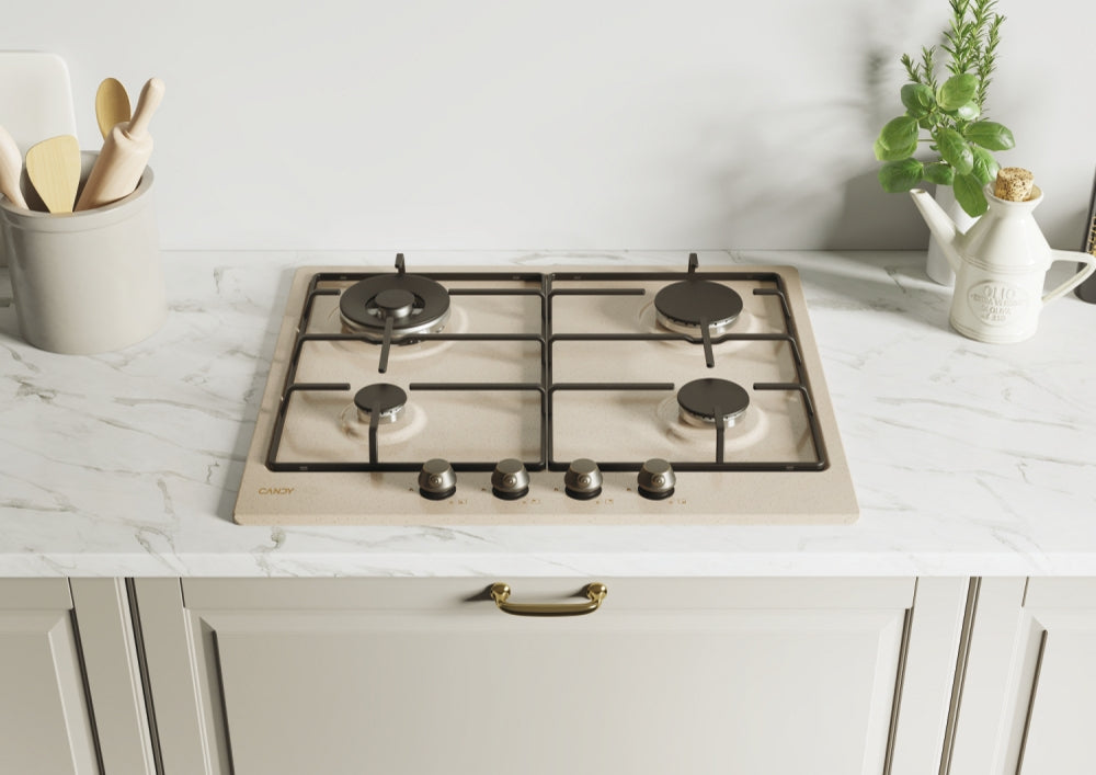 CANDY BI CHW6BRAV4WGT|33802729|Piano Gas da 60cm avena;  Griglie in piattina; 4 fuochi DC 4Kw; manop