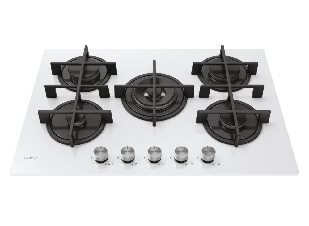 CANDY BI CVG74WTW|33803480|Piano Gas Vetro Bianco; da 75 cm; 5 Fuochi;   Bruciatore speciale al cent