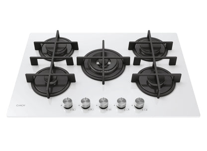 CANDY BI CVG74WTW|33803480|Piano Gas Vetro Bianco; da 75 cm; 5 Fuochi;   Bruciatore speciale al cent