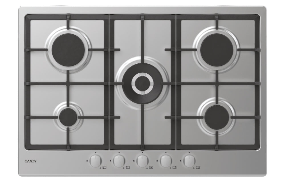 CANDY BI CHG74WX|33801986|Piano Gas da 75cm inox;  Griglie in ghisa; 5 fuochi; doppia corona 4kw