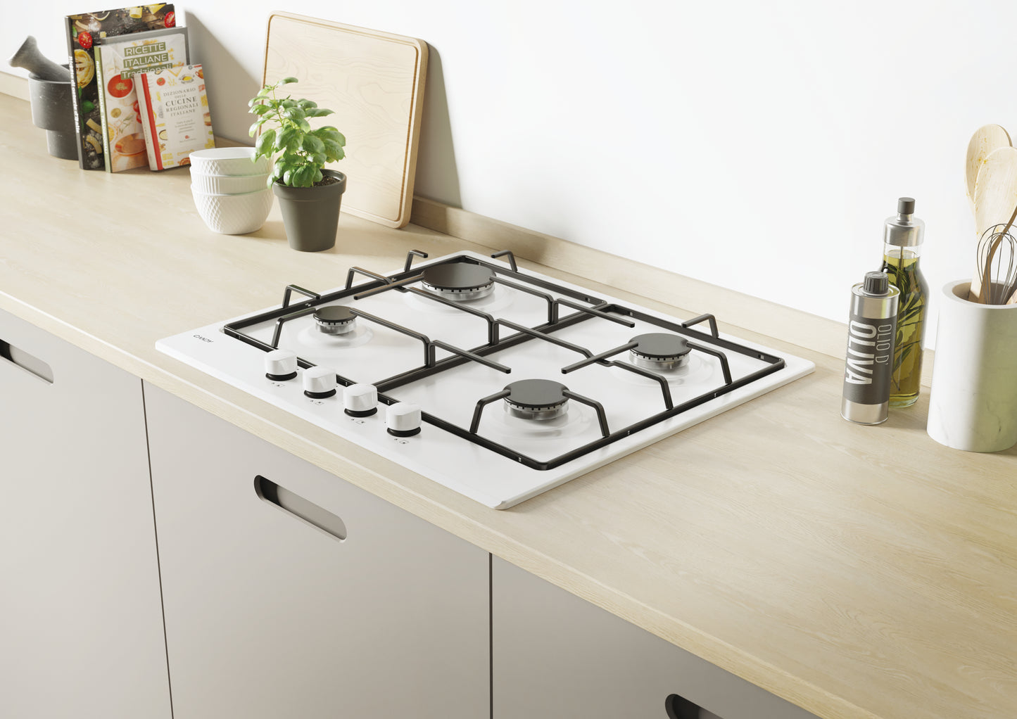 CANDY BI CHW6BRWW|33801971|Piano Gas da 60 cm bianco;  Griglie in piattina; 4 fuochi con Bruciatore