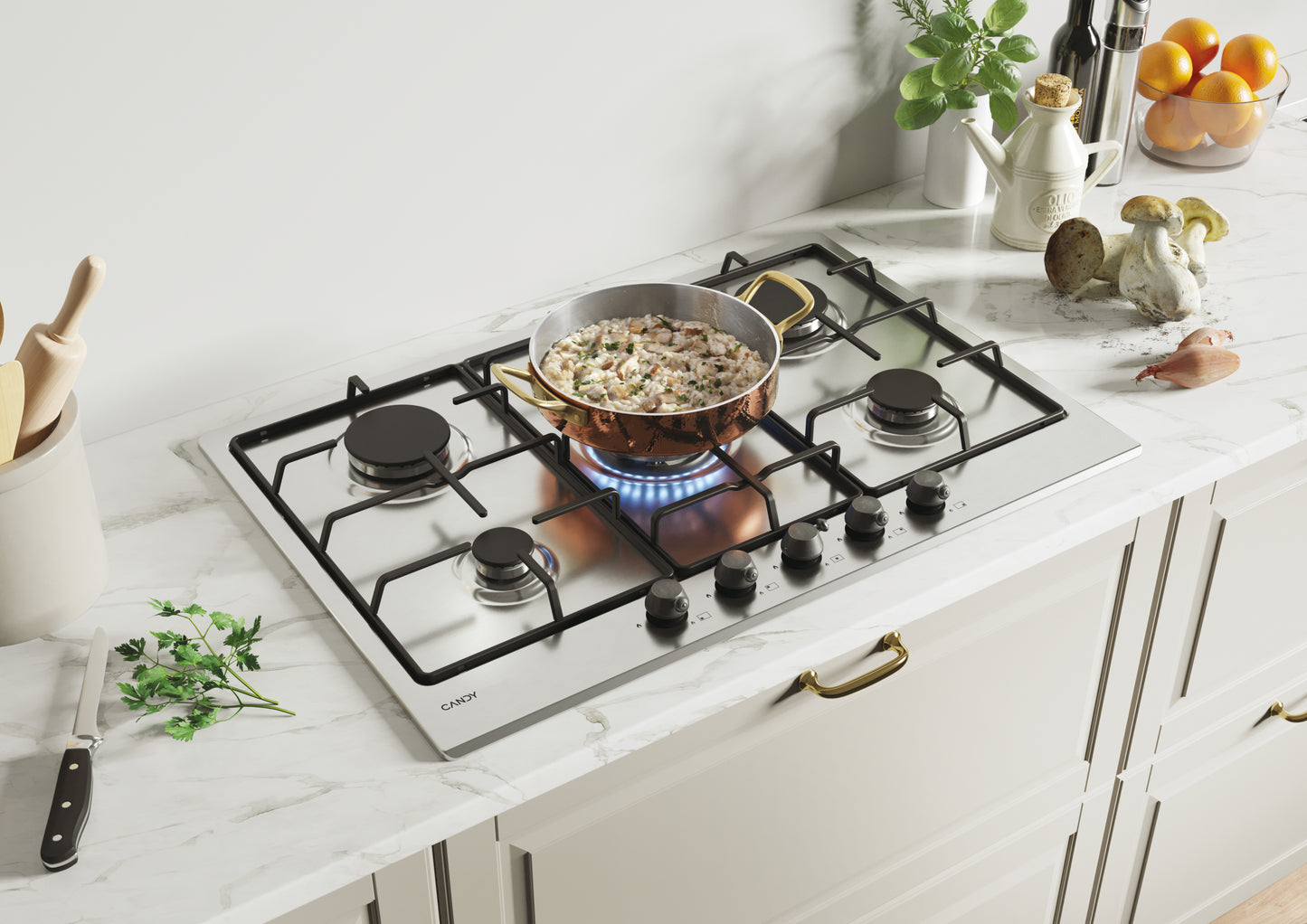 CANDY BI CHW74WTX|33801980|Piano Gas da 75cm ghisa;  Griglie in piattina; 5 fuochi DC 4Kw; manopola