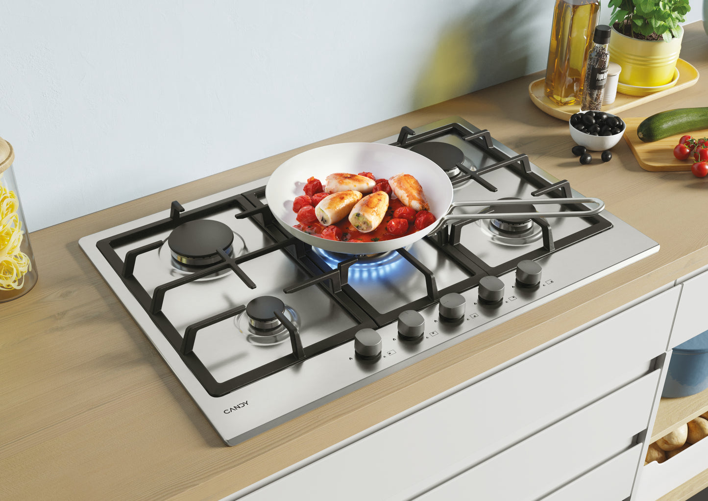 CANDY BI CHG74WX|33801986|Piano Gas da 75cm inox;  Griglie in ghisa; 5 fuochi; doppia corona 4kw