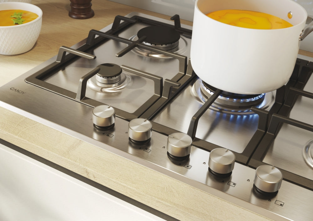CANDY BI CHG74WTX|33803488|Piano Gas da 75cm; Griglie in ghisa; 5 fuochi; doppia corona 4KW centrale